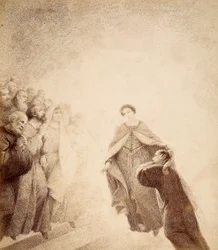 Dante holder sig for ørerne med sine hænder, overvældet af de vredesskrig, som ånderne langs stigen udstøder. Illustration af Canto XVI i Paradiso i Den guddommelige komedie af Dante Alighieri. Værk af Francesco Scaramuzza, dedikeret til kommunen.