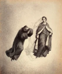 Dante dækker sit ansigt med hænderne, overvældet af Beatrices blik, der er så fuldt af guddommelig kærlighed. Illustration af Canto IV i Paradiso i Den guddommelige komedie af Dante Alighieri. Et værk af Franceso Scaramuzza dedikeret til Firenzes kommune.