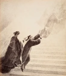 Dante, drevet af et simpelt tegn fra Beatrice, stiger op ad den gyldne stige efter de velsignede ånder. Illustration af Canto XVII i Paradiso i Den guddommelige komedie af Dante Alighieri. Et værk af Francesco Scaramuzza dedikeret til Firenzes kommune.
