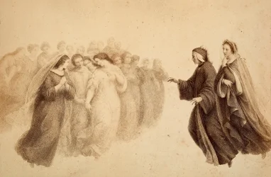 Dante sammen med Beatrice og de velsignede ånder. Illustration af Canto XXXIII i Paradiso i Den guddommelige komedie af Dante Alighieri. Værk af Francesco Scaramuzza dedikeret til Firenzes kommune.