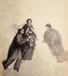 Dante, tilskyndet af Beatrice, taler med en from ånd. Illustration af Canto V af Paradiso i Den guddommelige komedie af Dante Alighieri. Værk af Franceso Scaramuzza dedikeret til Firenzes kommune.