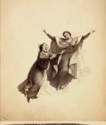 Dante, med åbne arme, ledt på flugt af Beatrice gennem Paradisets himmelhvælv. Illustration af Canto I af Paradiso i Den guddommelige komedie af Dante Alighieri. Et værk af Franceso Scaramuzza dedikeret til Firenzes kommune.