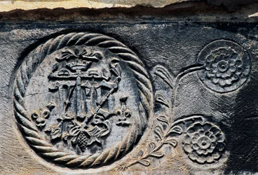 Dekorativ detalje fra indgangen, Pigna, Ligurien, Italien