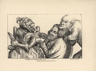 Tandlæge griner, mens han bruger en tang til at trække en dårlig tand ud af munden på en gammel kvinde. Kobberstik efter en satirisk illustration af Timothy Bobbin (John Collier) (1708-1786) fra Human Passions Delineated, John Haywood, Manchester.