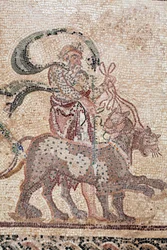 Detalje af The Triumph of Dionysos - Gudens tilbagevenden fra en militær ekspedition til Indien - Silenus holder panternes tøjler - Paphos mosaikker, House of Dionysos, Slutningen af det 2. århundrede e.Kr. - Cypern - Dionysos triumf - Lang mosaik tilbaget