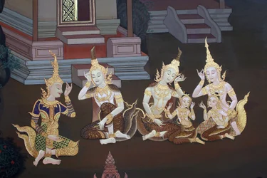Detalje af et vægmaleri i Uposatha (helligdomshallen) i Buddhapadipa-templet, Wimbledon, Grande-Bretagne