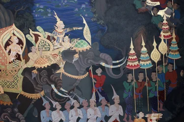 Detalje af et vægmaleri i Uposatha (helligdomshallen) i Buddhapadipa-templet, Wimbledon, Grande-Bretagne