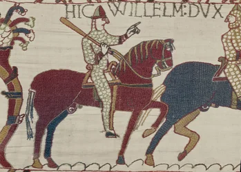 Hertug William formaner sine tropper til at forberede sig på kampen mod den engelske hær, Bayeux Tapestry (uldbroderi på hør)