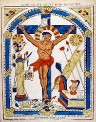 Hollandsk illustration fra det 19. århundrede, der viser den korsfæstede Kristus. Træsnit omkring 1850