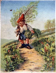 Dværg vender tilbage fra plukning, ca. 1900 (postkort)