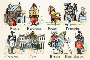 E Eskimo kirke - F falkoner lænestol - G station politimand - H hussar økse harpist - Alfabet - børneunderholdning - Billede epinal, populær serie c.1890 (illustration)