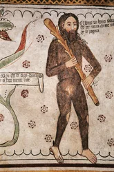 Ego sonto un homo salvadego per natura, chi me ofende ge fo pagura (jeg er vild mand af natur, dem, der fornærmer mig, vil jeg sætte frygt), fresco, Homo Salvadego museum, Sacco, Cosio Valtellino, Lombardiet, Italien