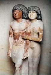 Egyptisk antikvitet: skulptureret kalkstensgruppe af Raherka og Meresankh, skriftlærde og hans kone - 5. dynasti, Ancien imperium