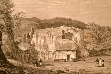 Elora-hulerne, Maharashtra, Indien (gravering)