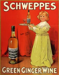 Engelsk reklameplakat for læskedrikken "Schweppes Green Ginger Wine"