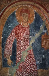 Helgenfigur, fresko i St Nicholas Kapel (11.-15. århundrede), Mottola, Puglia, Italien