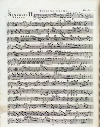 Første side af partitur for violin i symfoni nr. 2 af J Haydn