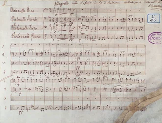 Første side af partituret for fire celloer af Symphony n. 7 da A-dur, op. 92, af Ludwig van Beethoven