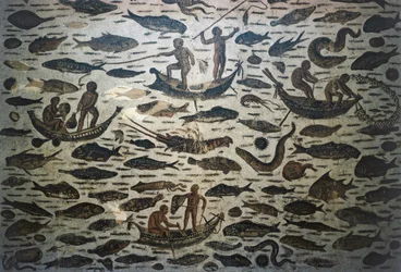 Fiskescene, mosaik, romersk civilisation, 3. århundrede e.Kr