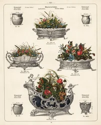 Blomsterstativer, blomsterfade, vaser og jardinieres. Litografi fra et katalog over metalprodukter fremstillet af Wuerttemberg Metalware Factory, Geislingen, Tyskland.