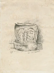 Font in Ilam Church: lithograph, 1855dani
