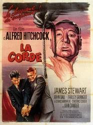 Fransk plakat for filmen Rebet, instrueret af Alfred Hitchcock, med Jimmy Stewart, John Dall og Farley Granger, 1948
