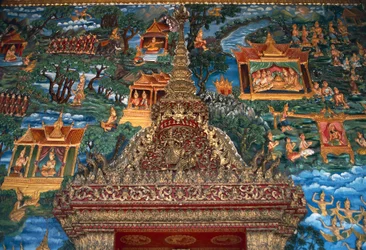Fresko og arkitektoniske detaljer, Wat That, stor hellig stupa genopbygget i det 20. århundredes Luang Prabang (Unescos verdensarvsliste