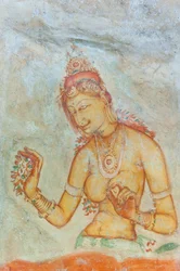 Fresco; barbarmet kvinde med blomster; Apsara; UNESCOs verdensarvsliste; Sigiriya; Sri Lanka; Asien
