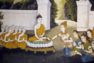 Fresko, der viser en scene fra Buddhas liv i Wat Phra Doi Suthep, Chiang Mai. Buddha modtager almisse. Thailand