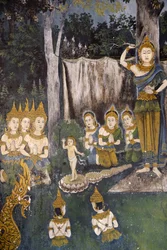Fresko, der viser en scene fra Buddhas liv i Wat Phra Doi Suthep, Chiang Mai. Thailand. Buddha som barn.