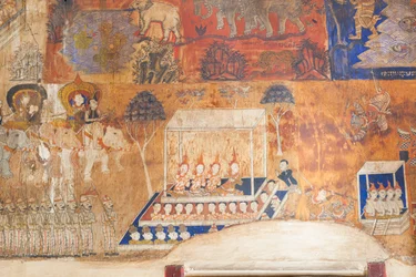 Fresker, der pryder væggene i Wat Bo, skildrer scener fra Reamker, Siem Reap, Cambodia (foto)