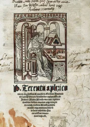 Frontispice af komedier af den komiske digter Terence (Publius Terentius Aferer) (190-145 f.Kr.). Forfatteren er repræsenteret.