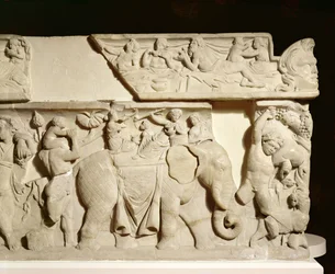 GR.1-1835 Triumphal Return of Dionysos, detalje, der viser en elefant, sarkofagrelief, græsk, 2. århundrede (marmor)