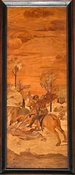 Genova, Duomo (St. Lawrence Cathedral), interiør, apsis, kor, syd: "St George and the Dragon", træ-intarsia af Vincenzo og Tommaso Garassino (1800-tallet);