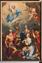 Genova, Duomo (St. Lawrence Cathedral), indeni, den sydlige sideskib, den sydlige mur: "Himmelfarten med Skt. Hieronymus, Magdalene og helgener" (ca. 1694)