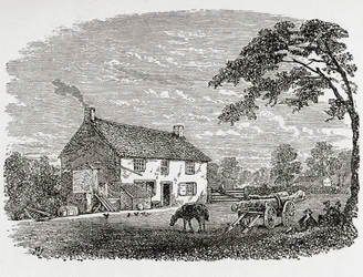 George Stephensons fødested. Et stenhus fra det 18. århundrede, George Stephensons hjem, Wylam, Northumberland, England, set her i det 19. århundrede. Fra Great Engineers, udgivet ca. 1890