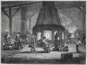 Glasfremstilling i anden halvdel af 1800-tallet: børn arbejder, ca. 1880 (kobberstik)