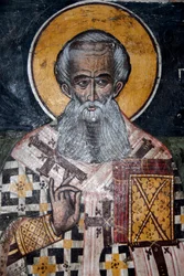 græsk-ortodoks kristendom; gamle byzantinske fresker; vægmaleri af biskop Nicholas; Agios Nikolaos kirke i Petra; Lesbos; Ægæiske hav; Grækenland; Europa