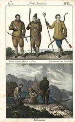 Grønlændere iført skind og en inuit fra Labrador (Canada) med en trefork. Nedenfor ses en daglig scene af inuit-familielivet foran en iglo, et telt og en kano, Nordamerika. Litografi til bogen: "Galerie complete en tableaux fideles des