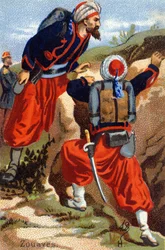 H: Zouave. Indgravering i "Militæralfabet". Illustratorens initialer: A. D. Ukendt forlag. Kromolitografier sidst i det 19. århundrede. Mål: 10,5 x 7 cm.