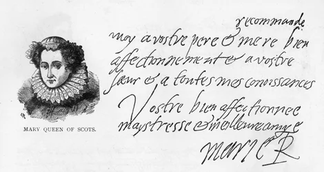 Håndskrift og underskrift af Mary Queen of Scots fra et brev skrevet, mens han var i fængsel i Sheffield til hendes Guddatter, Elizabeth Pierrepoint