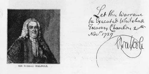 Håndskrift og underskrift af Sir Robert Walpole