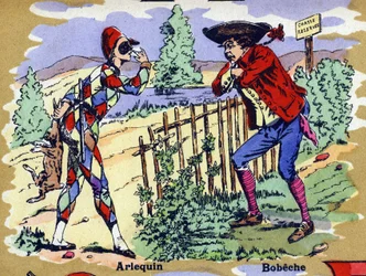 Harlekin og Bobeche. Illustreret alfabet. Billeder genforenet i Jarville-Nancy, begyndelsen af det 20. århundrede. Mål: 40 x 29 cm. Litografi på bistre baggrund