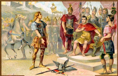 Historie. Det gamle Rom. Vercingetorix (høvding for en gallisk stamme: Averni) overgiver sig til Julius Cæsar i Alesia, 52 f.Kr. Billedsprog, Frankrig, ca.