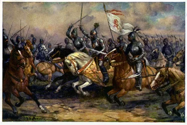 Historie. Frankrig. Hundrede års krig. Kongen Johannes af Bøhmen (John den Blinde) i slaget ved Crecy, 26. august.