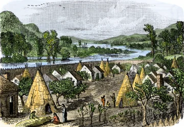 Oprindelige folks historie: Mohawk Village, New York, omkring 1780. Farverigt kobberstik fra det 19. århundrede.