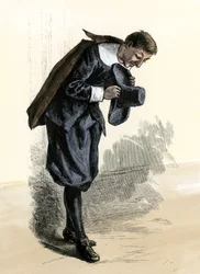 Historien om nybyggerne og erobringen af Vesten: Amerikanske pionerer. Puritaner fra New England med hovedet på skrå. Koloreret kobberstik fra det 19. århundrede.