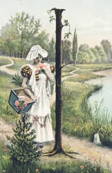I: En stående kvinde i kjole, forklæde og hovedbeklædning holder en kurv på højre arm. Landeindretning - Alfabettegn Ref Th. E., L. Theochrom - Serie 994. Theodor Eisman, udgiver, Leipzig