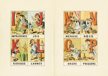 I: hensynsløshed; J: glæde; K: kiosk; L: tårer; M N O P: husholdning, knude, orden, fisk - Indgravering taget fra ABCD af små piger. Pellerin & Cie, trykkeri-udgiver, Epinal, omkring 1890. Serie A. Mål: 19 x 13,5 cm.