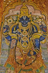 Indien, Tamil Nadu, Srirangam, Sri Ranganathasvami hinduistiske tempel (oprindeligt 10. århundrede), vægmaleri af Vishnu.